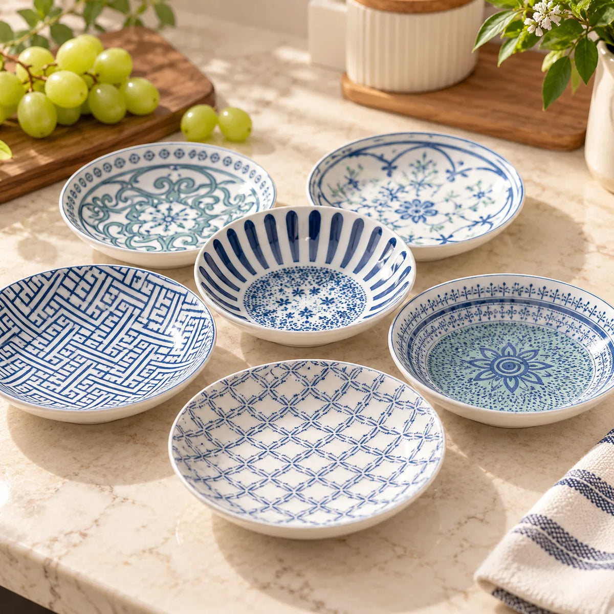 6-Piece Porcelain Cereal Bowl Set – Blue & White Mix and Match Designs | HomeVault