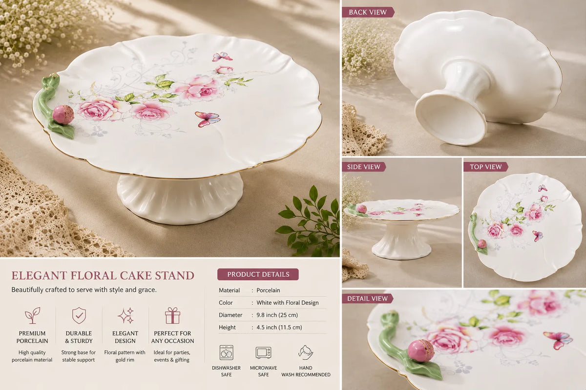 Elegant Floral Porcelain Cake Stand with Gold Trim & Rose Design