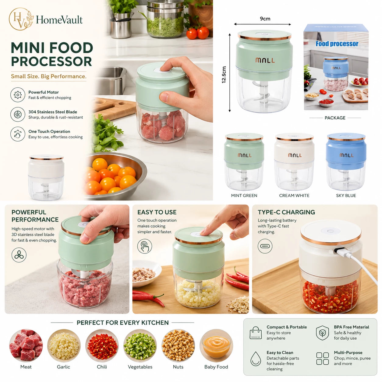 HomeVault Portable Mini Food Chopper-USB Rechargeable Garlic & Vegetable Chopper