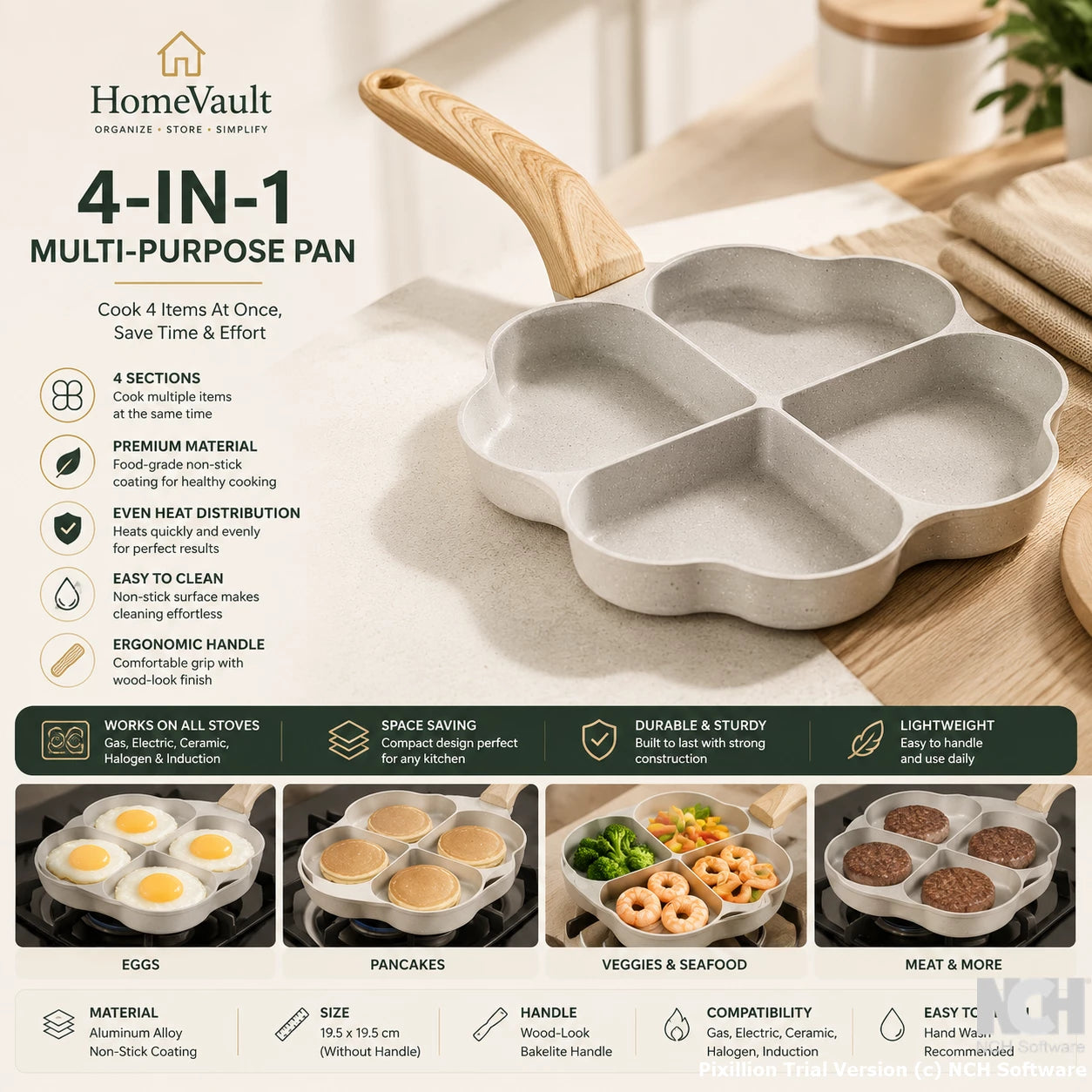 HomeVault 4-Compartment Non-Stick Breakfast Frying Pan | Multi-Section Egg & Pancake Pan