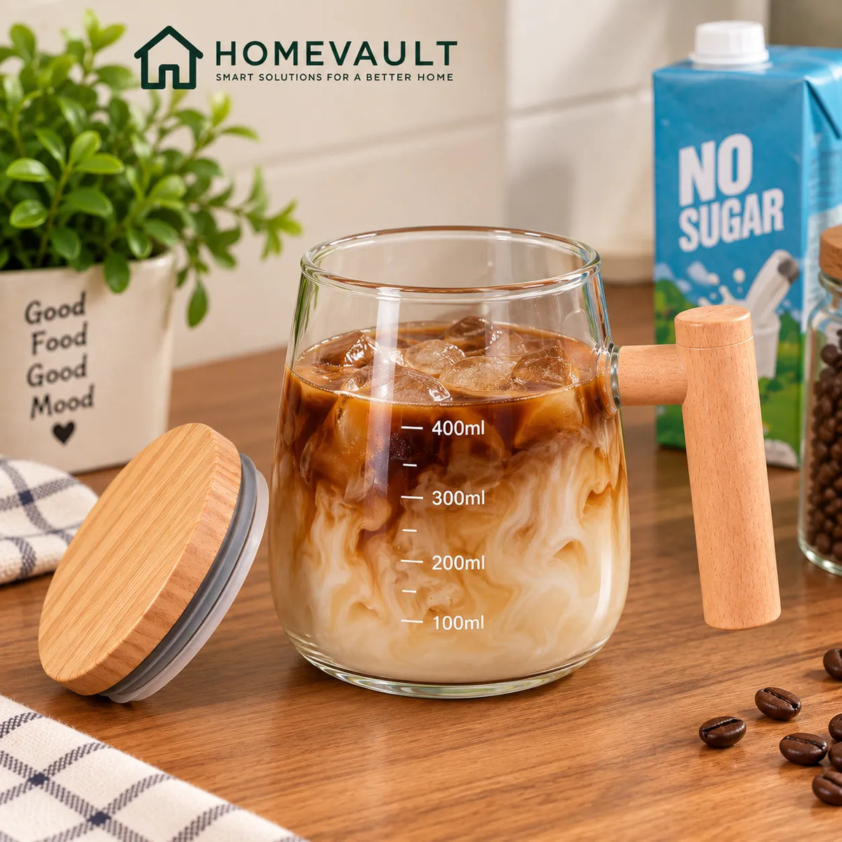 400ml Glass Measuring Mug with Wooden Handle & Bamboo Lid