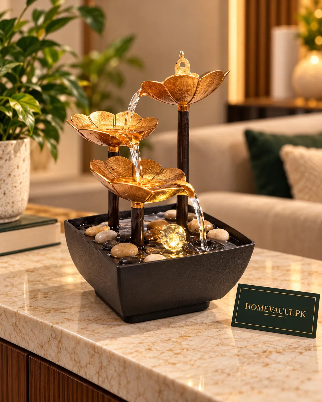 3-Tier Lotus LED Water Fountain with Decorative Stones – Indoor Tabletop Waterfall | Homevault.pk