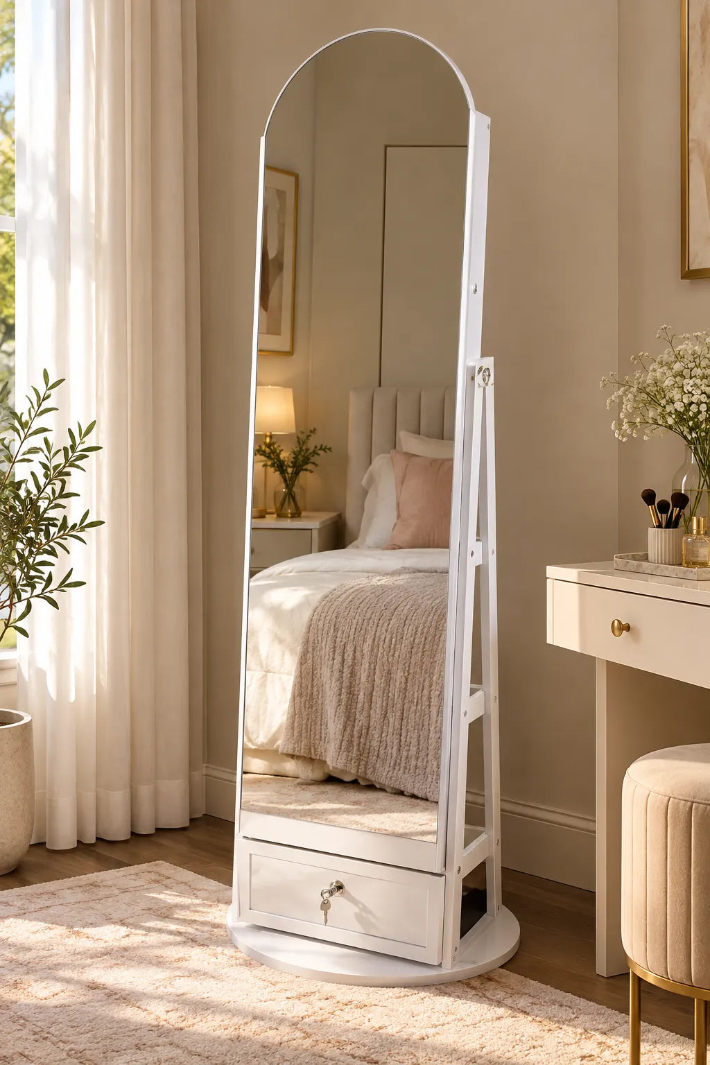Full-Length Mirror Jewelry Cabinet with Storage β Rotating Makeup & Accessory Organizer