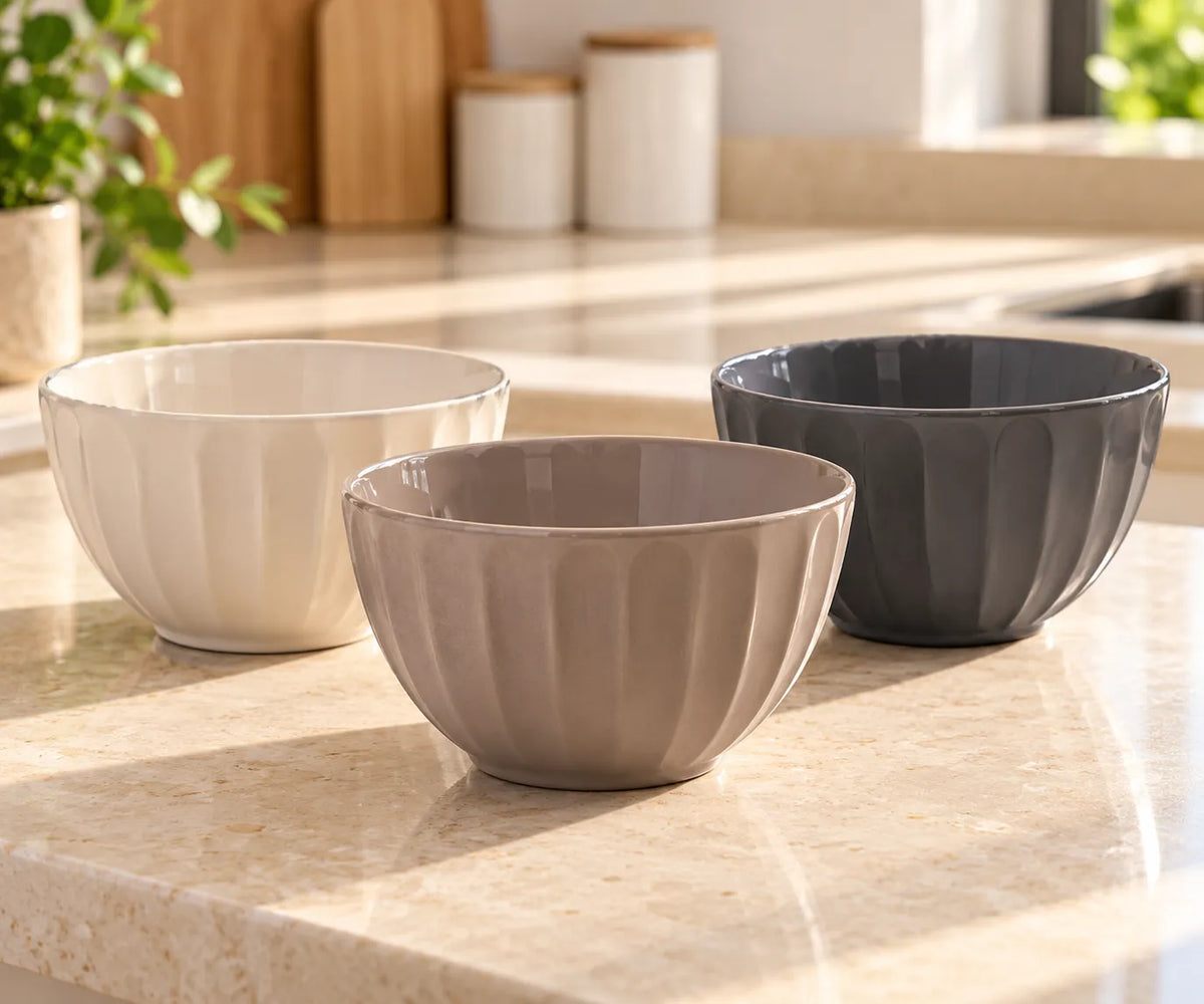 3-Piece Ribbed Ceramic Bowl Set β Ivory, Taupe & Charcoal | HomeVault