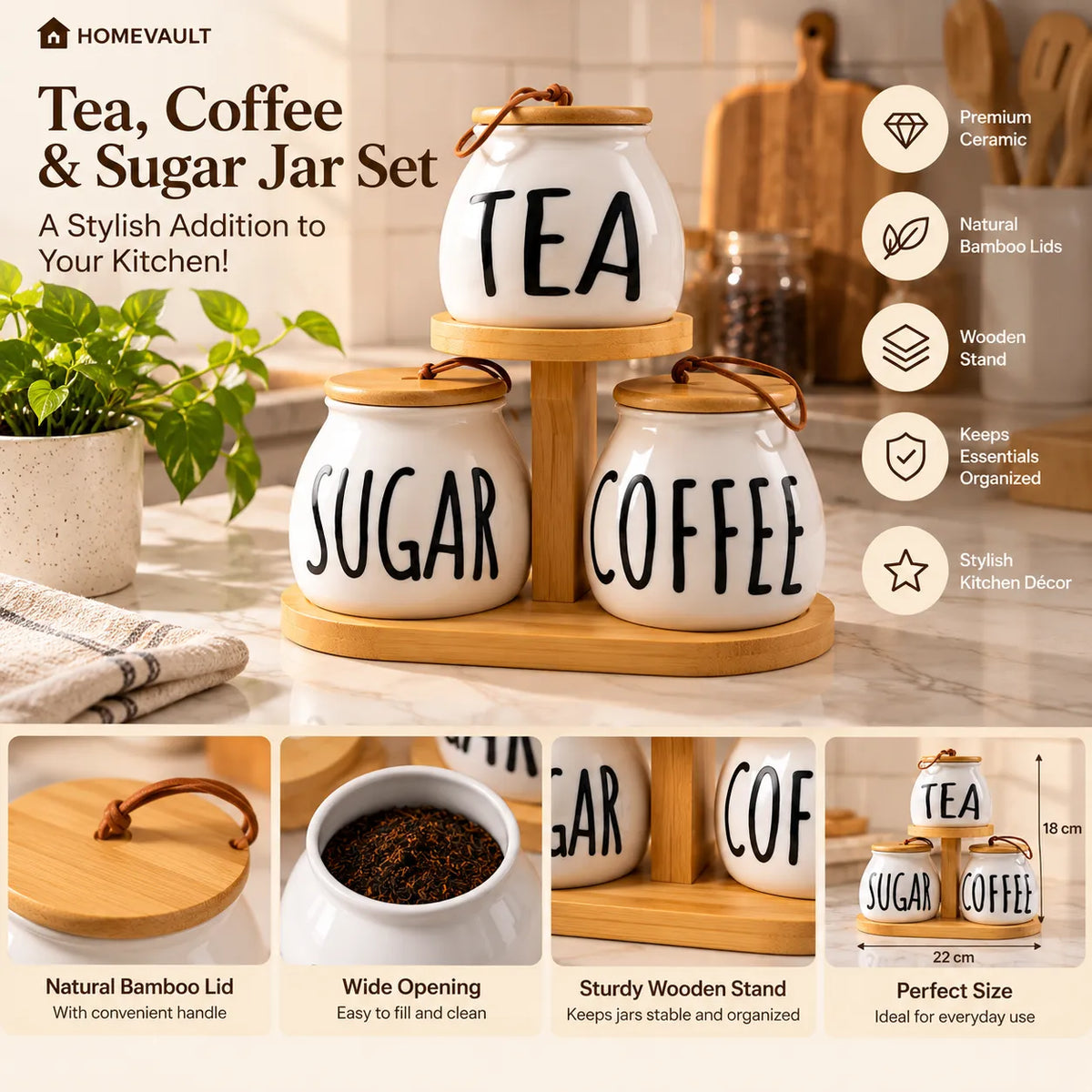 3-Piece Ceramic Tea, Coffee & Sugar Jar Set with Bamboo Lids & Wooden Stand