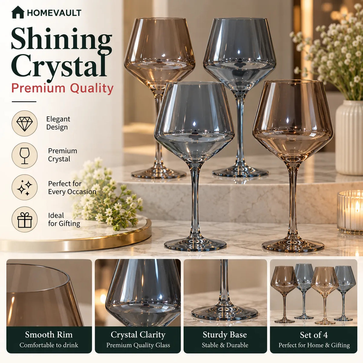 4-Piece Smoky Crystal Wine Glass Set – Blue-Grey-Pink & Green | HomeVault