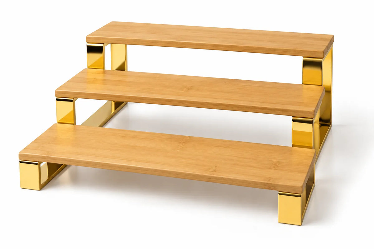 3-Tier Bamboo Kitchen Organizer with Gold Metal Stand β Space-Saving Storage Rack