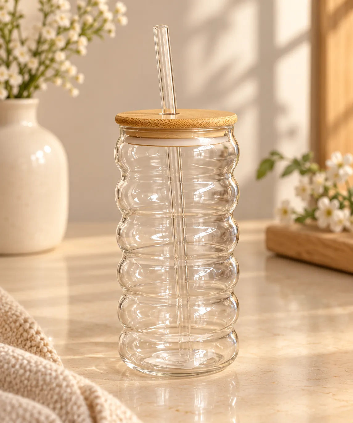 Ribbed Glass Tumbler with Bamboo Lid & Reusable Straw