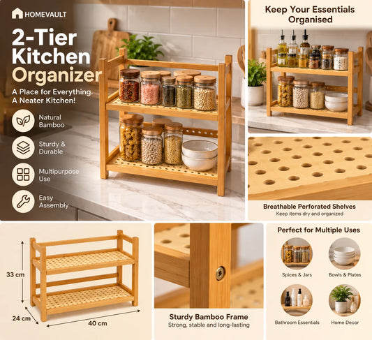 2-Tier Bamboo Kitchen Organizer Rack – Multipurpose Countertop Storage Shelf