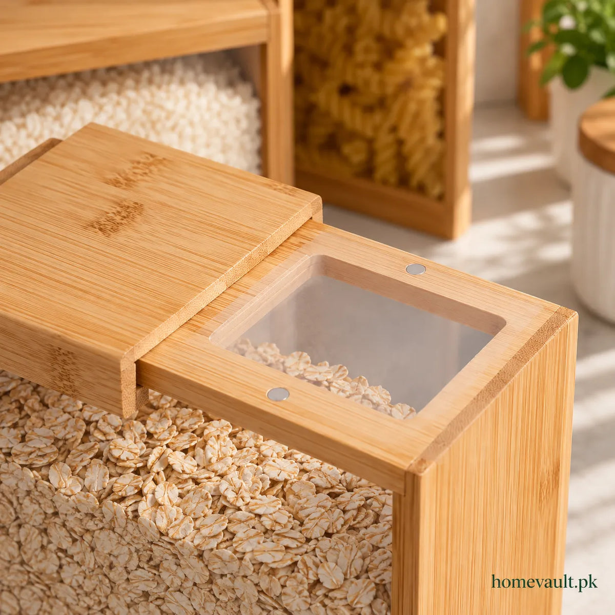 Bamboo Sliding Lid Storage Container – Clear Pantry Organizer