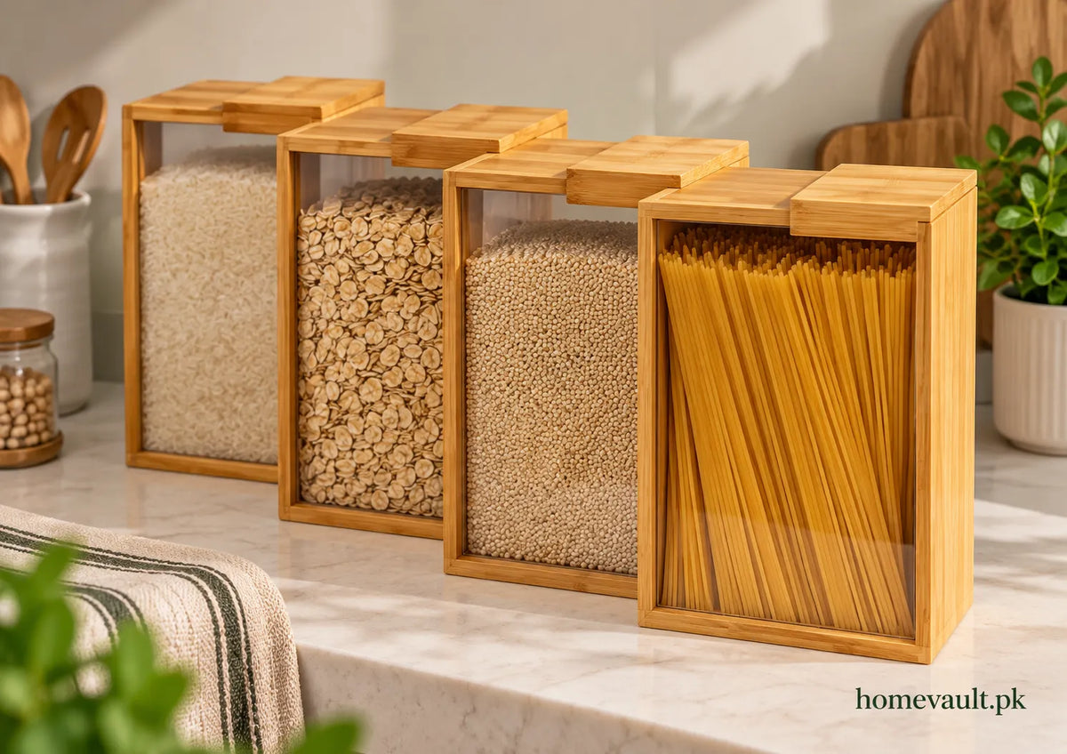 Bamboo Sliding Lid Storage Container – Clear Pantry Organizer