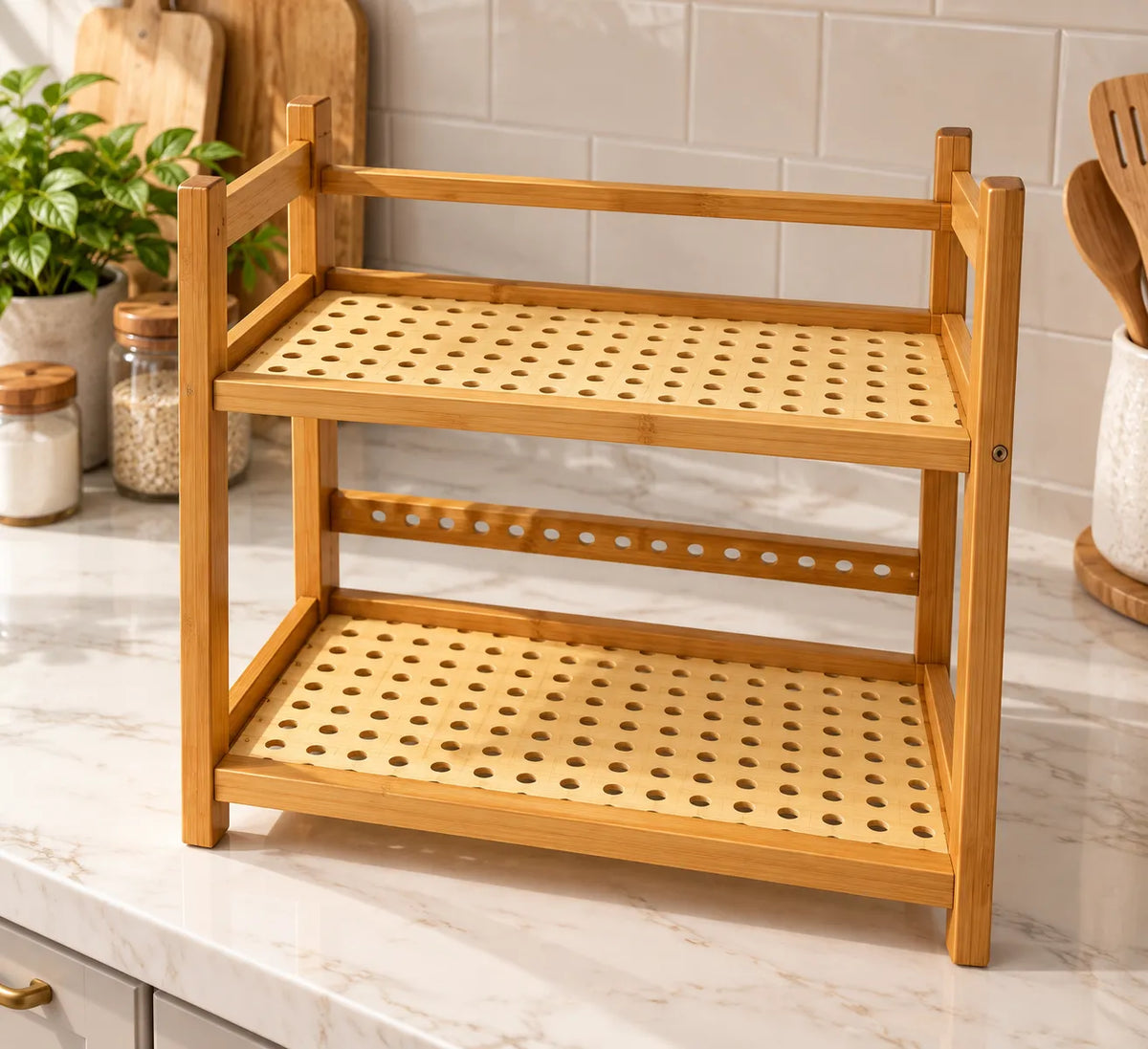 2-Tier Bamboo Kitchen Organizer Rack – Multipurpose Countertop Storage Shelf