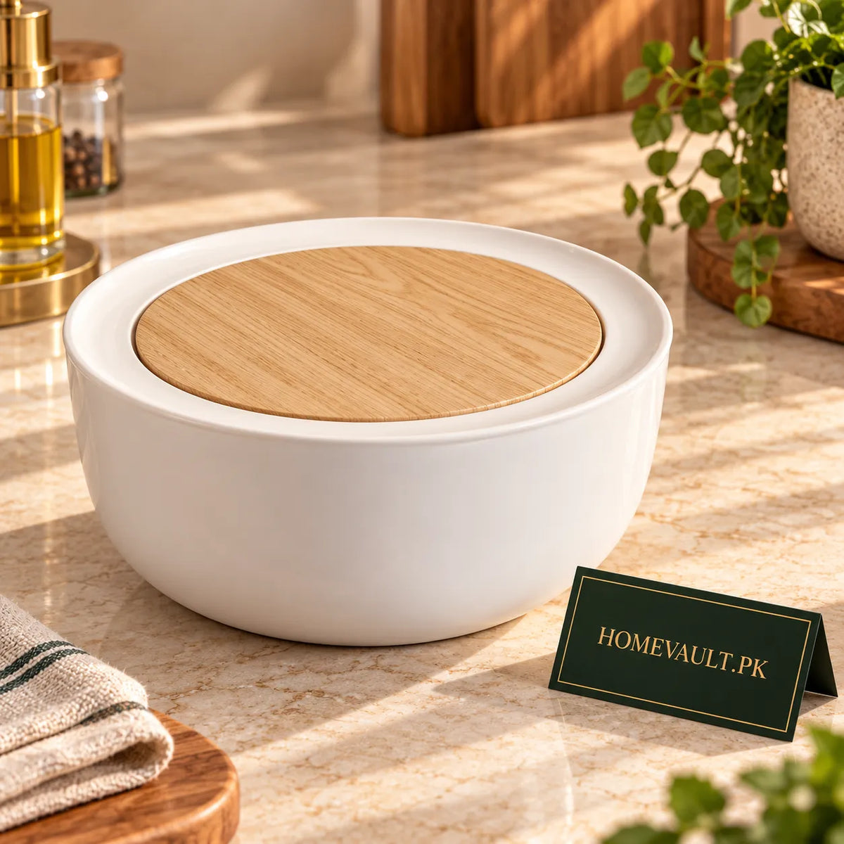 HomeVault Ceramic Tabletop Mini Dustbin with Bamboo Lid – White