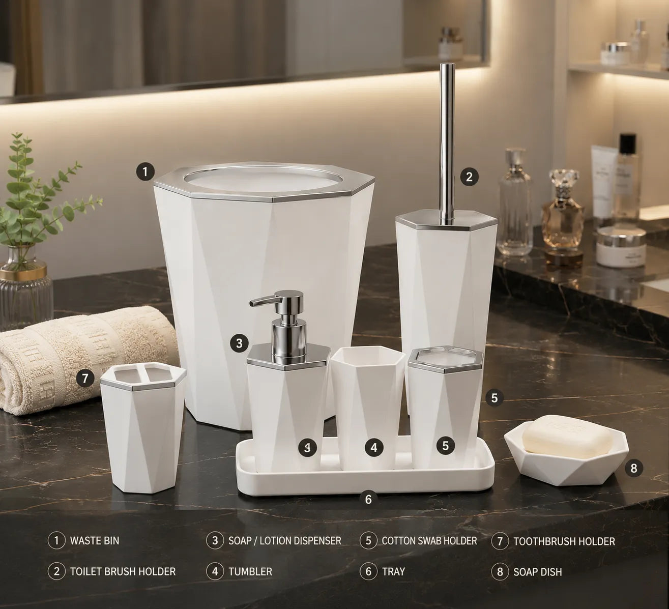 Luxury 6-Piece Geometric Bathroom Accessories Set – Premium White & Silver Bathroom Organizer Kit