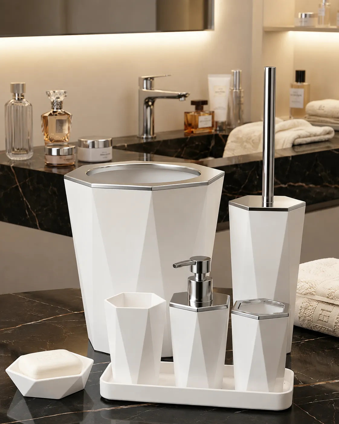 Luxury 6-Piece Geometric Bathroom Accessories Set – Premium White & Silver Bathroom Organizer Kit