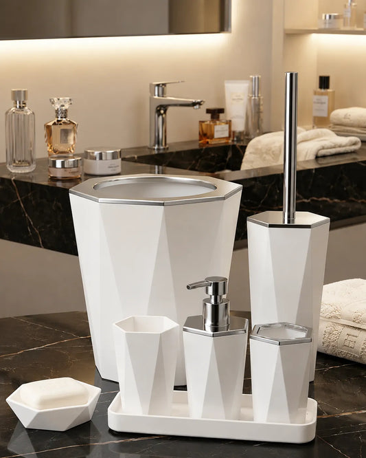 Luxury 6-Piece Geometric Bathroom Accessories Set – Premium White & Silver Bathroom Organizer Kit