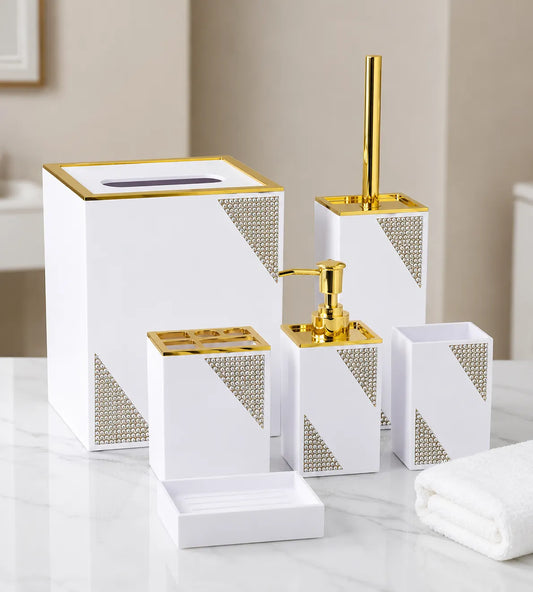 Luxury 6-Piece White & Gold Bathroom Accessories Set – Premium Modern Bathroom Organizer Collection
