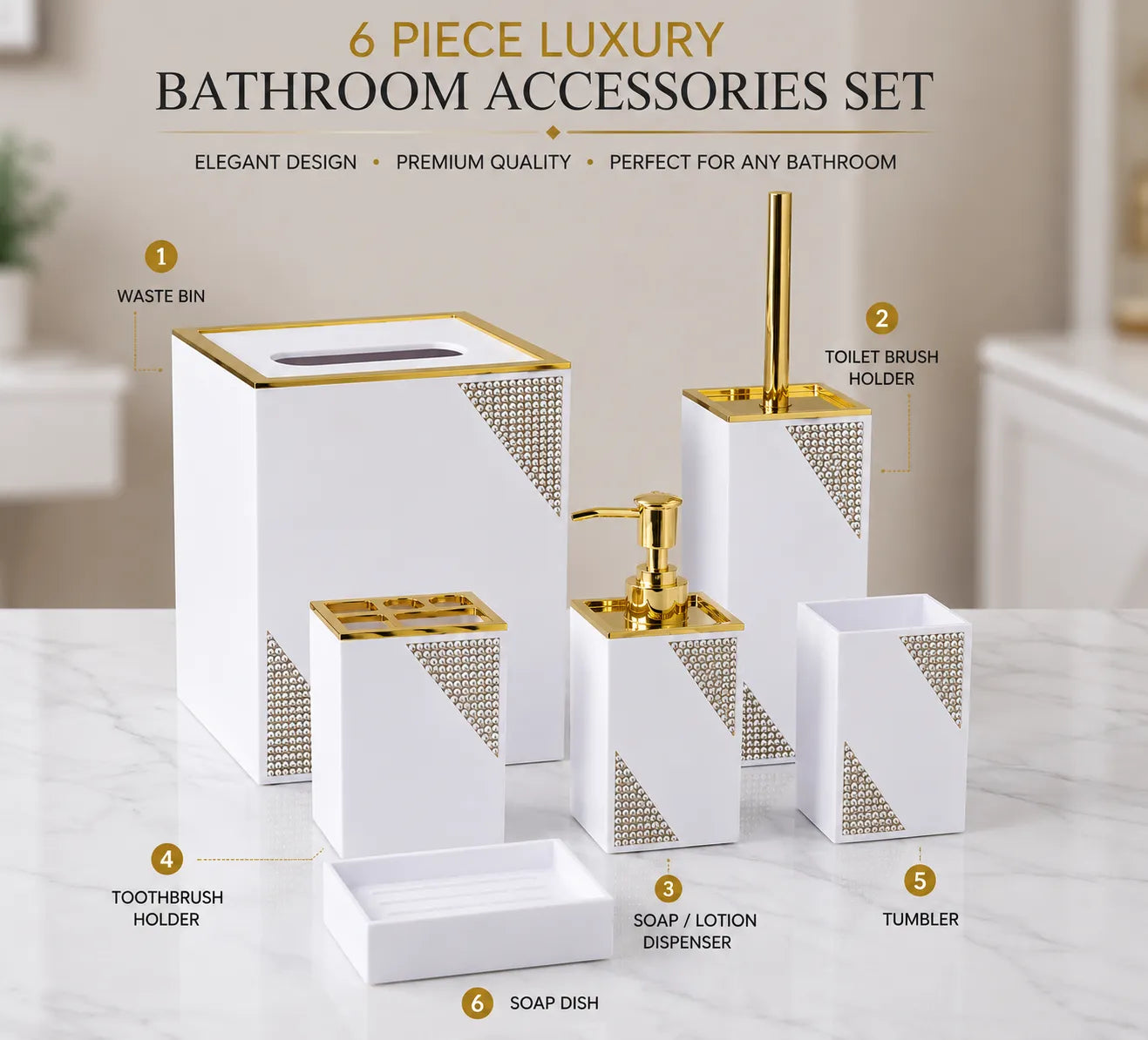 Luxury 6-Piece White & Gold Bathroom Accessories Set – Premium Modern Bathroom Organizer Collection