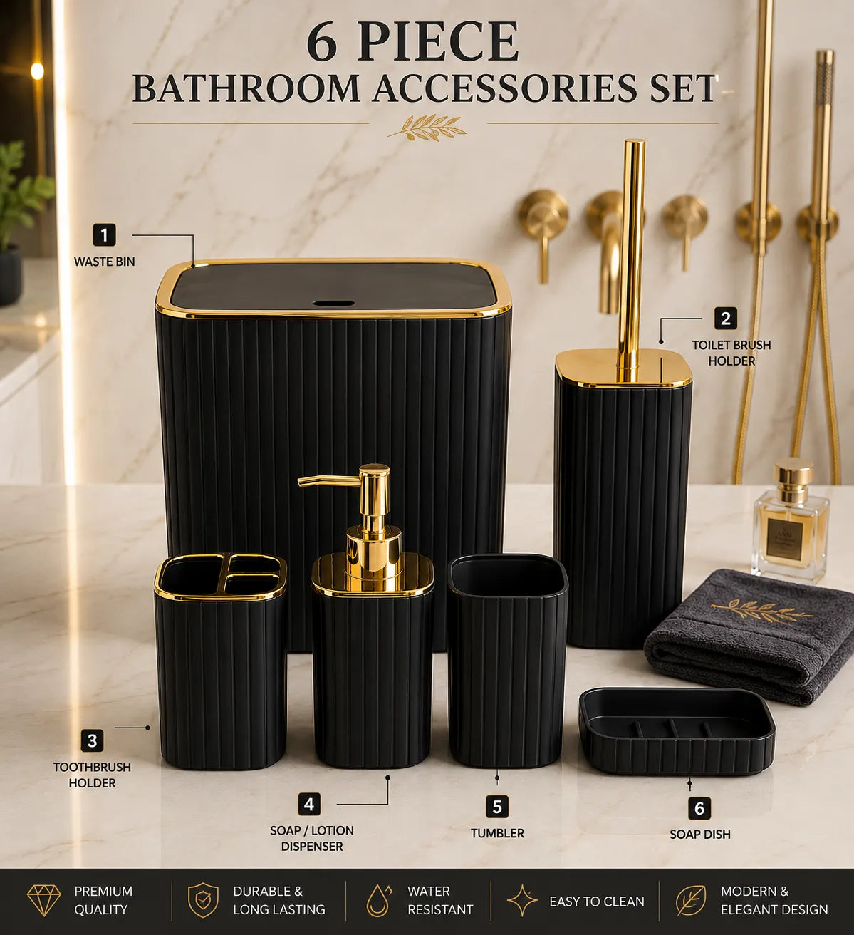 Luxury 6-Piece Black & Gold Bathroom Accessories Set – Premium Ribbed Bathroom Organizer Collection