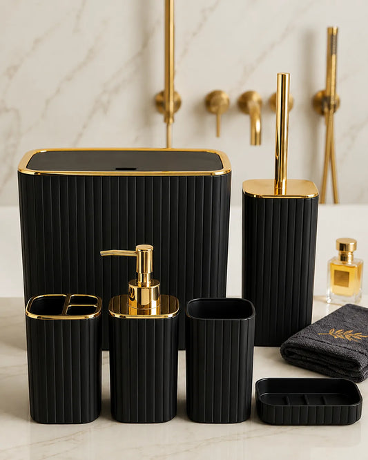 Luxury 6-Piece Black & Gold Bathroom Accessories Set – Premium Ribbed Bathroom Organizer Collection