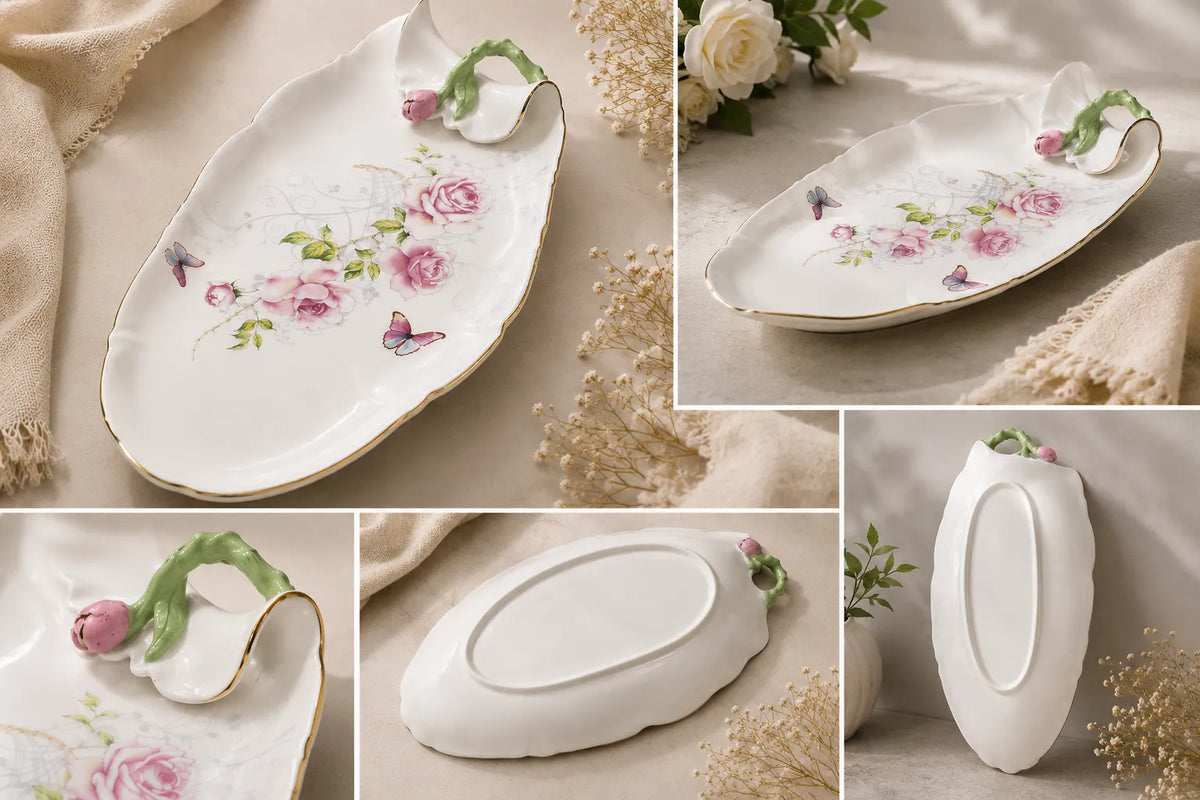 Floral Leaf Porcelain Serving Dish with Gold Trim & Rose Design