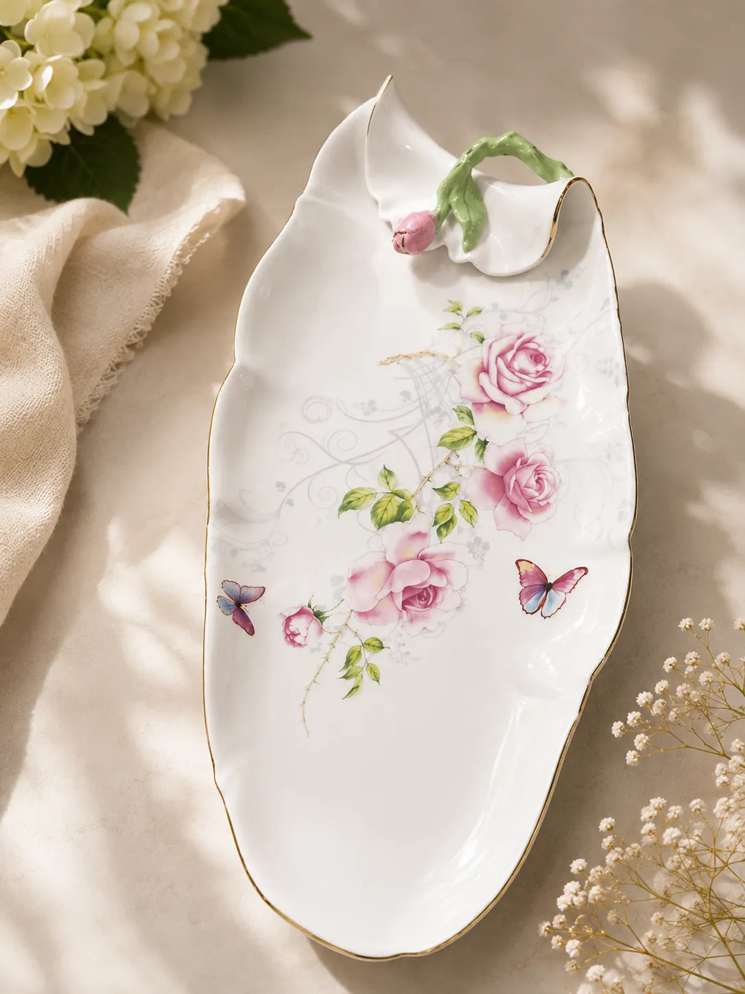 Floral Leaf Porcelain Serving Dish with Gold Trim & Rose Design