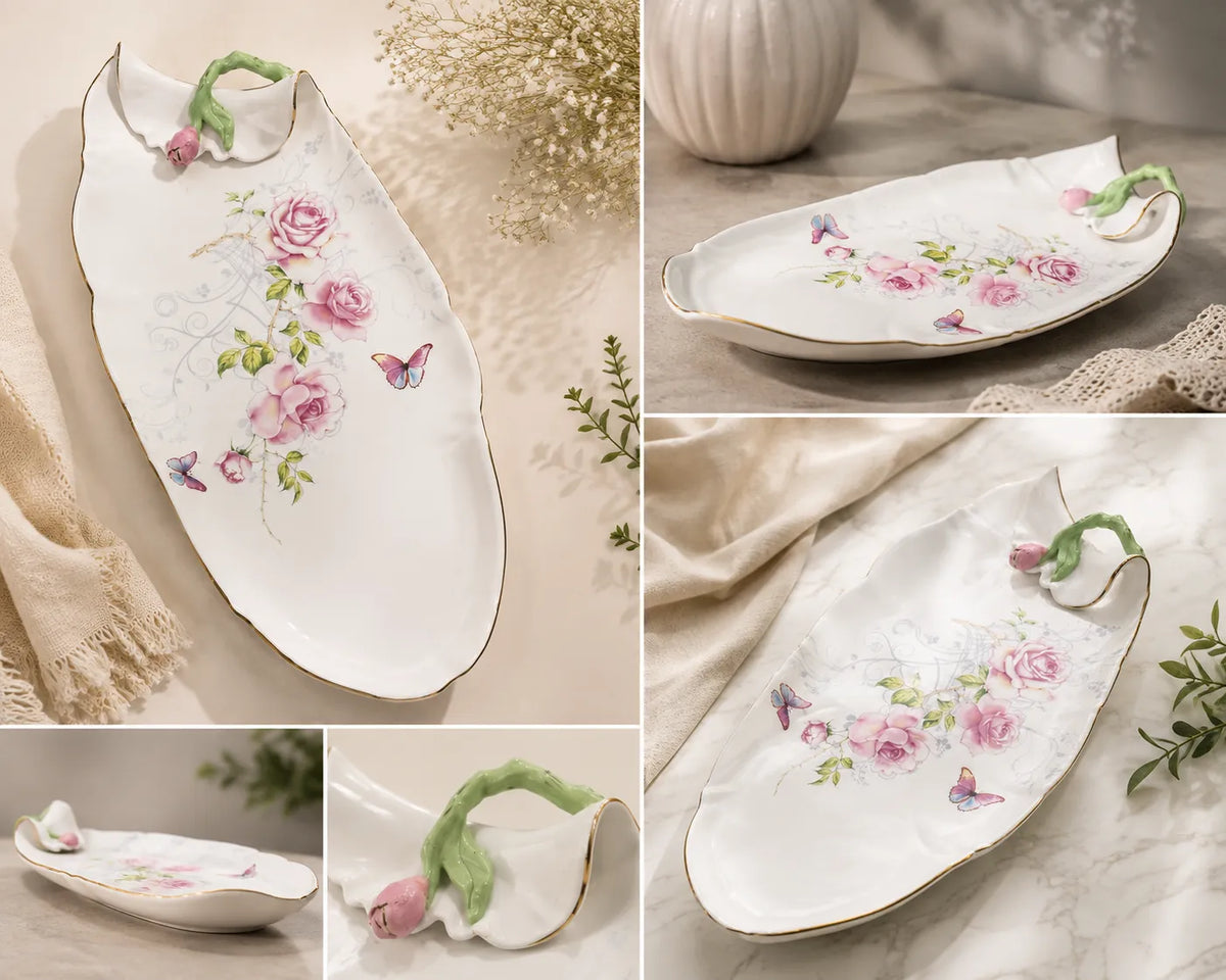 Floral Leaf Porcelain Serving Dish with Gold Trim & Rose Design