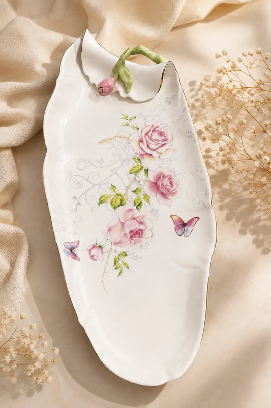 Floral Leaf Porcelain Serving Dish with Gold Trim & Rose Design