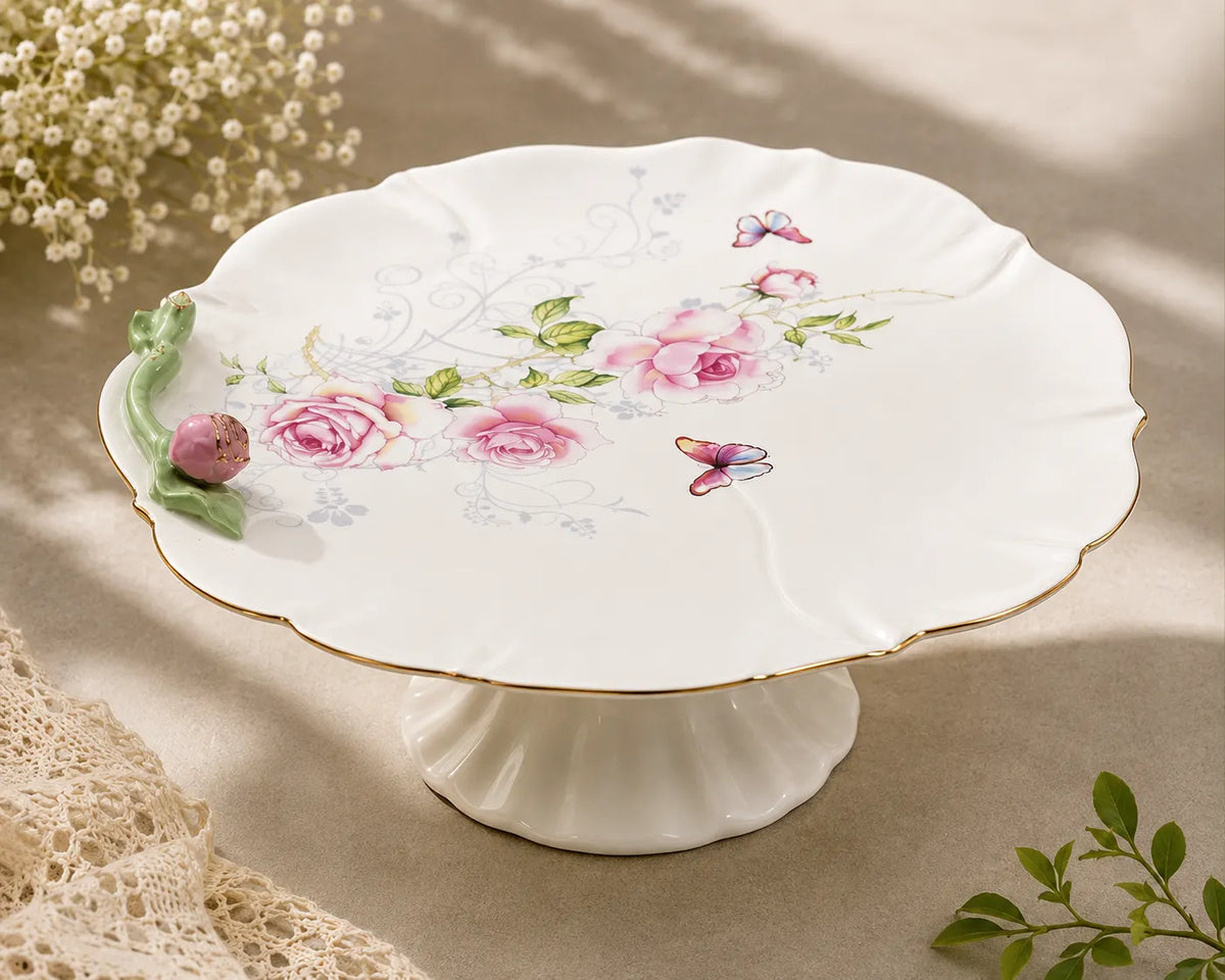 Elegant Floral Porcelain Cake Stand with Gold Trim & Rose Design
