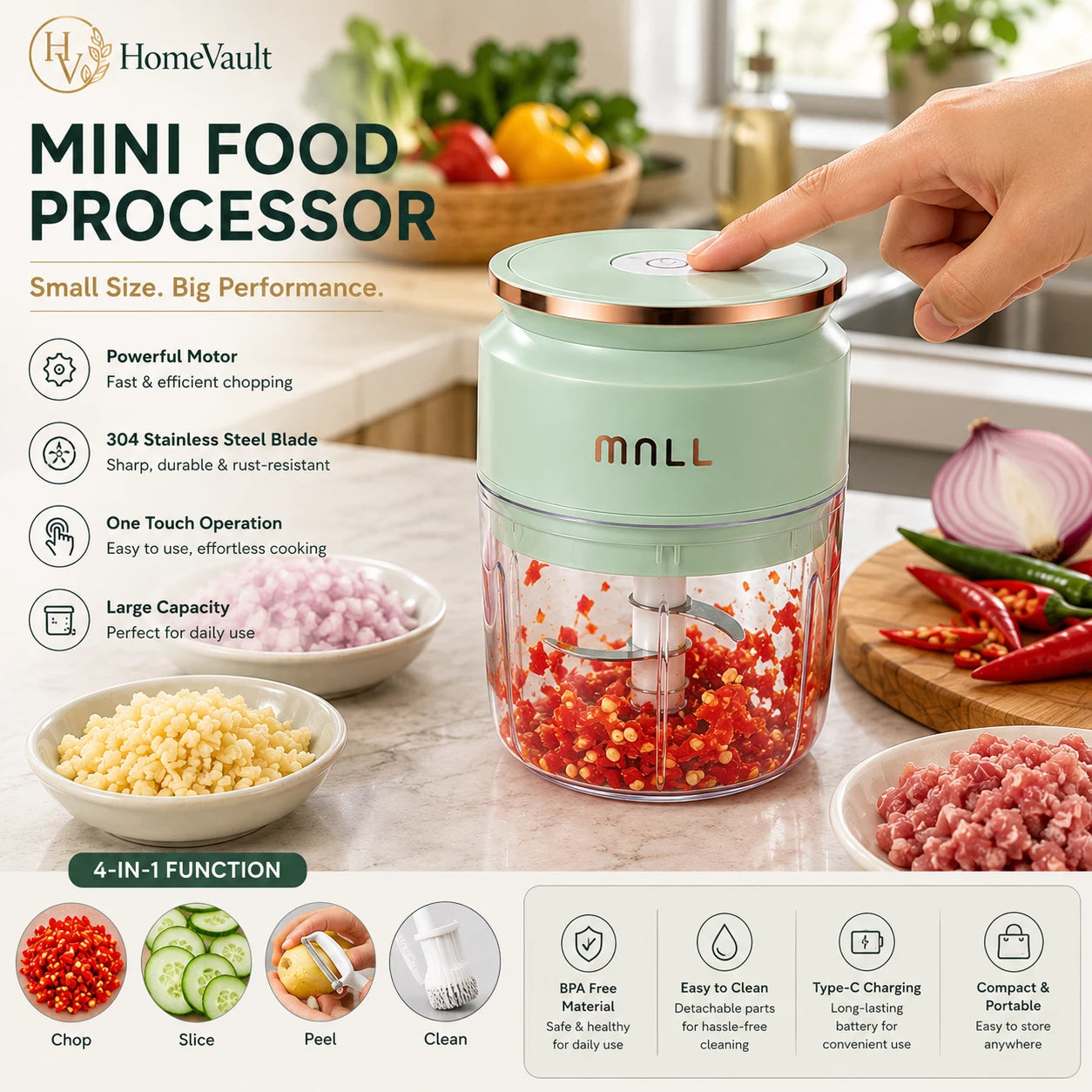 HomeVault Portable Mini Food Chopper-USB Rechargeable Garlic & Vegetable Chopper