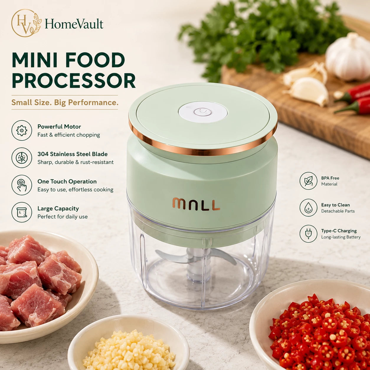 HomeVault Portable Mini Food Chopper-USB Rechargeable Garlic & Vegetable Chopper