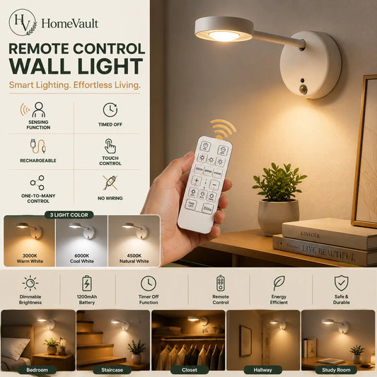 HomeVault Rechargeable LED Wall Light with Remote | Motion Sensor | 360° Rotatable | Magnetic Night Lamp