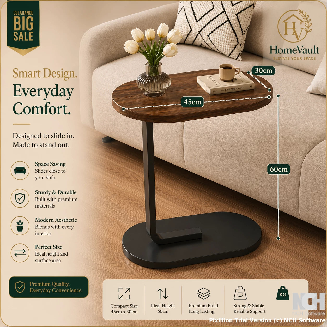 HomeVault Premium C-Shaped Sofa Side Table | Modern Snack & Laptop End Table | Space-Saving Living Room Table