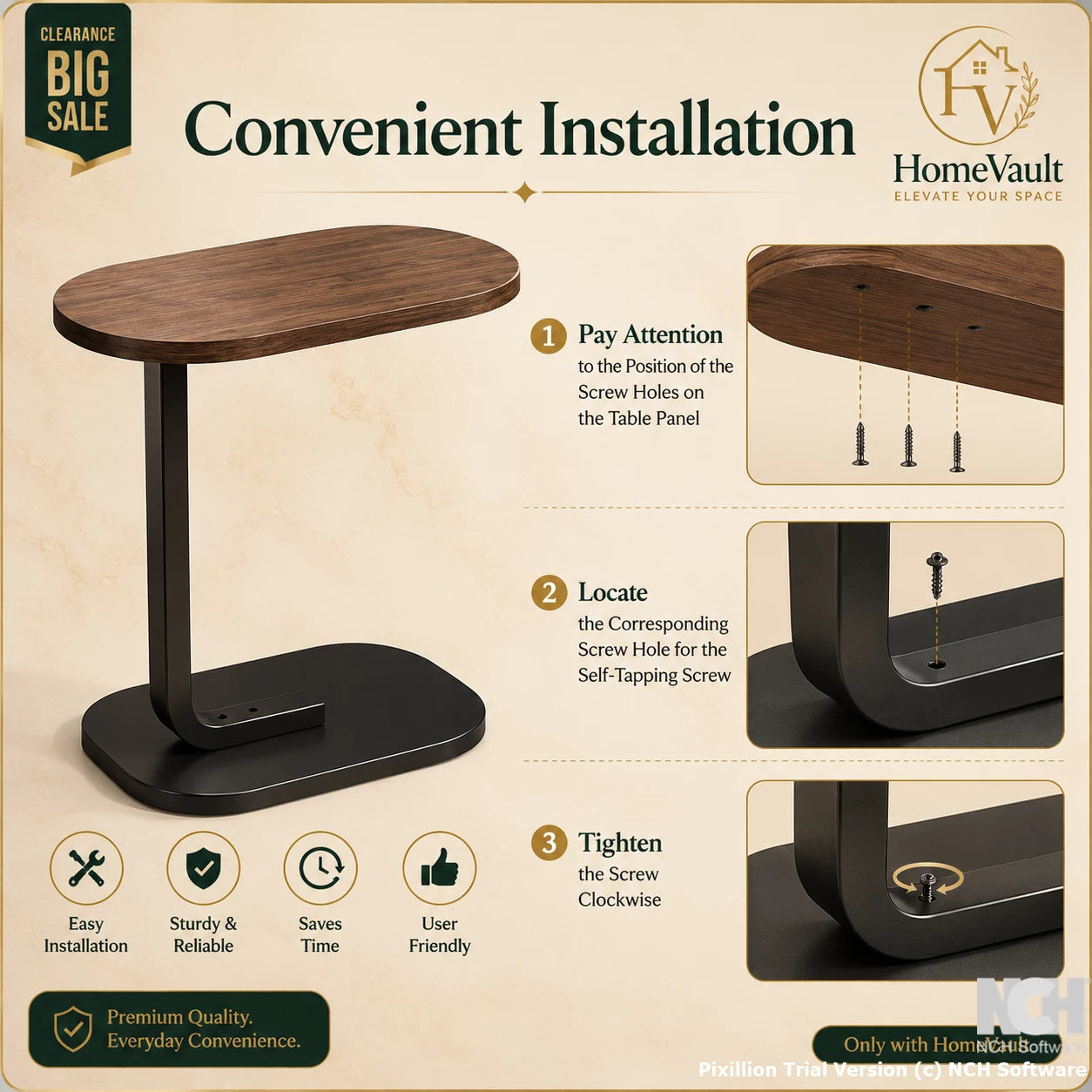 HomeVault Premium C-Shaped Sofa Side Table | Modern Snack & Laptop End Table | Space-Saving Living Room Table