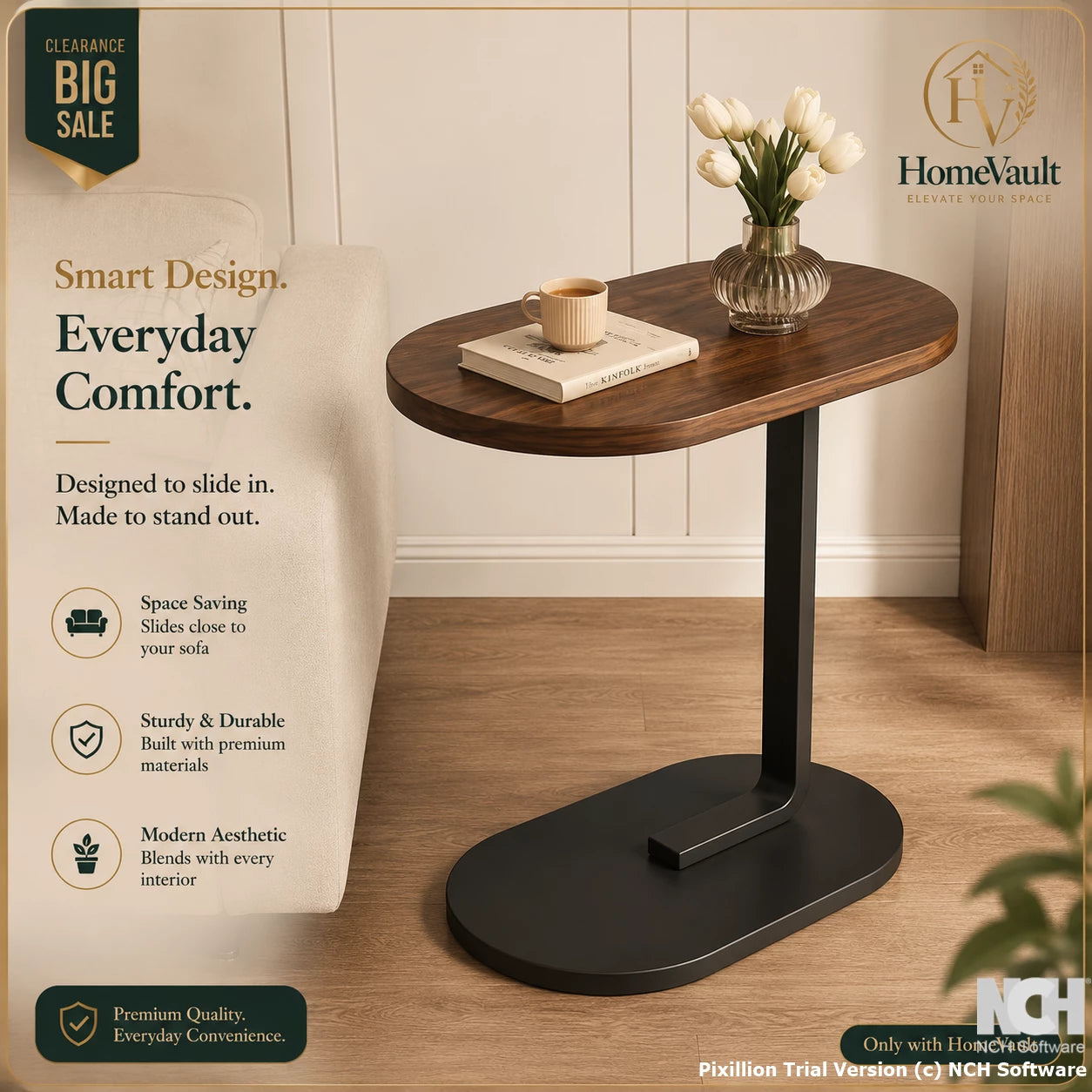 HomeVault Premium C-Shaped Sofa Side Table | Modern Snack & Laptop End Table | Space-Saving Living Room Table
