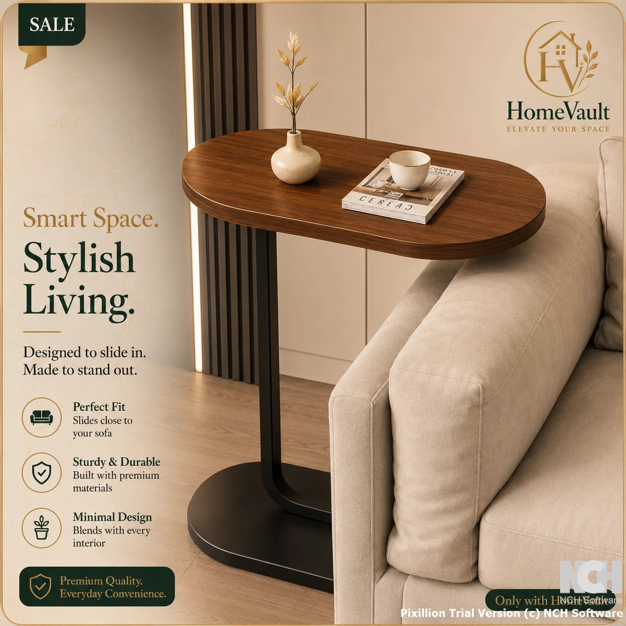 HomeVault Premium C-Shaped Sofa Side Table | Modern Snack & Laptop End Table | Space-Saving Living Room Table
