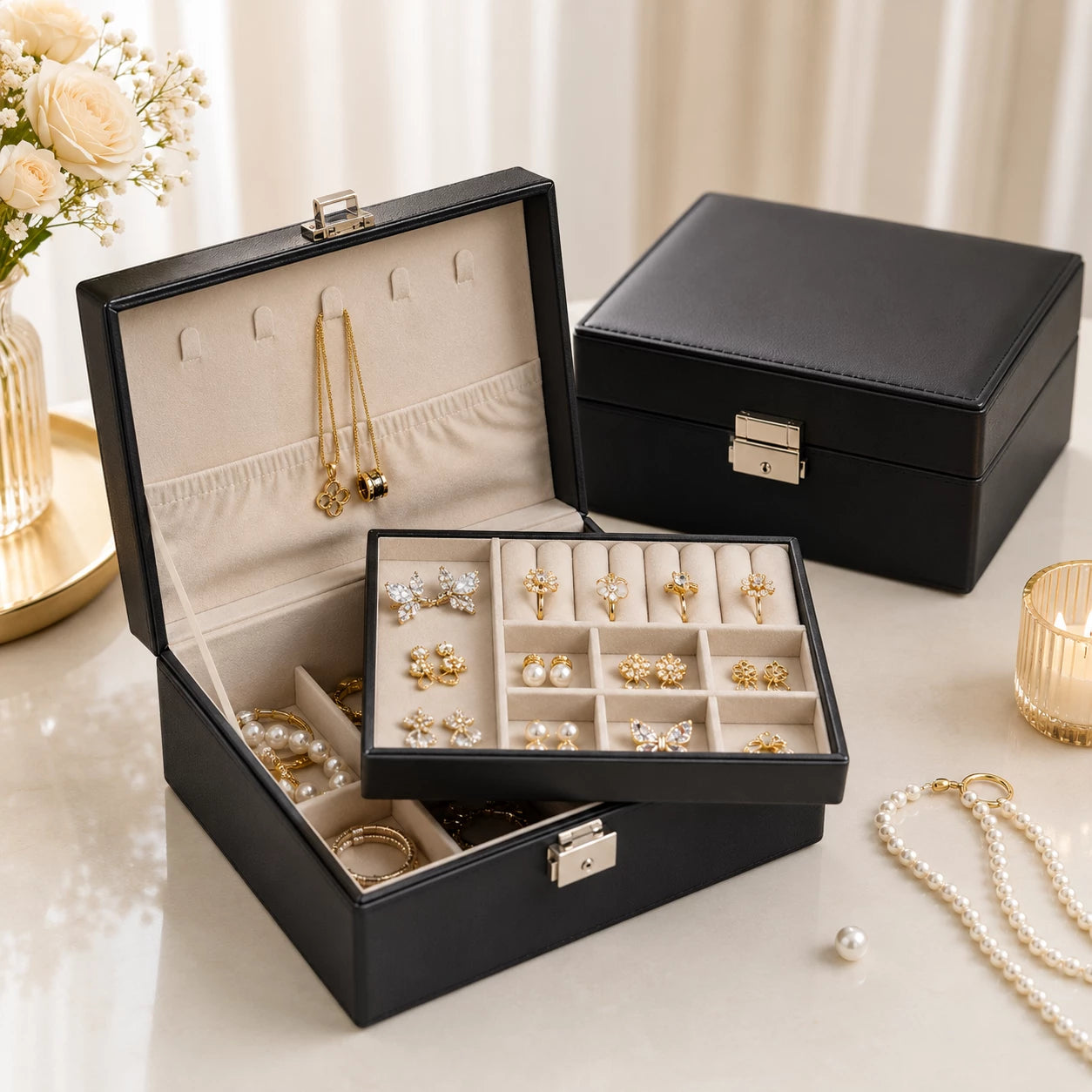 Luxury Jewelry Organizer Box with Lock & Mirror | Multi-Layer Jewelry Storage Case