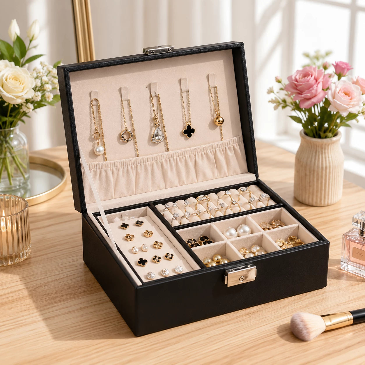 Luxury Jewelry Organizer Box with Lock & Mirror | Multi-Layer Jewelry Storage Case