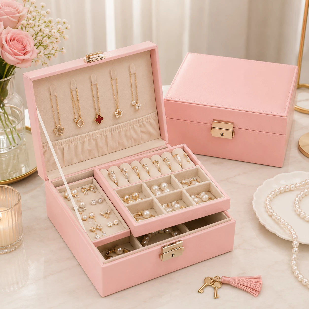 Luxury Jewelry Organizer Box with Lock & Mirror | Multi-Layer Jewelry Storage Case