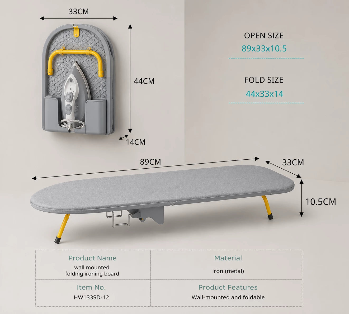 Wall-Mounted Foldable Ironing Board with Iron Holder | Space-Saving Iron Storage Station