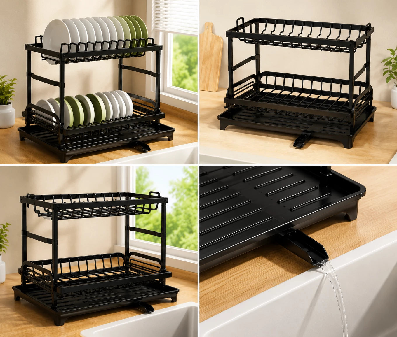 HomeVault 2-Tier Dish Drying Rack with Drainboard | Space-Saving Kitchen Dish Organizer