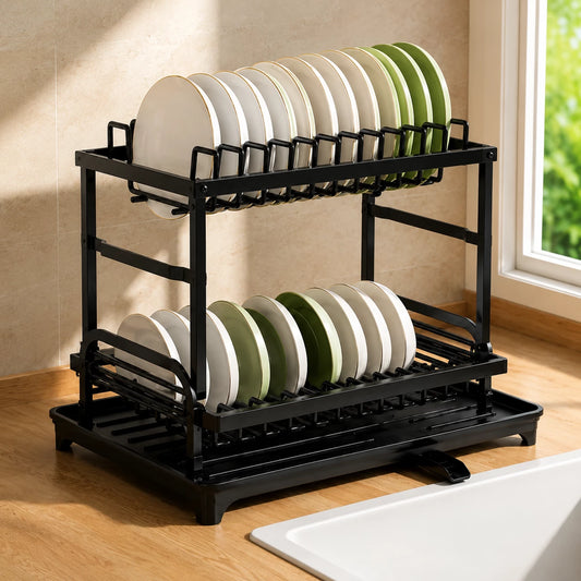 HomeVault 2-Tier Dish Drying Rack with Drainboard | Space-Saving Kitchen Dish Organizer