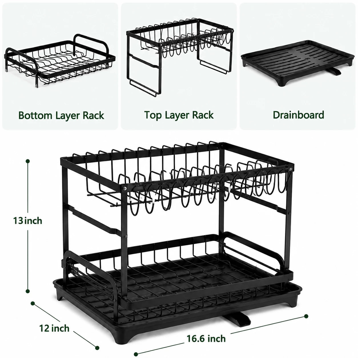 HomeVault 2-Tier Dish Drying Rack with Drainboard | Space-Saving Kitchen Dish Organizer