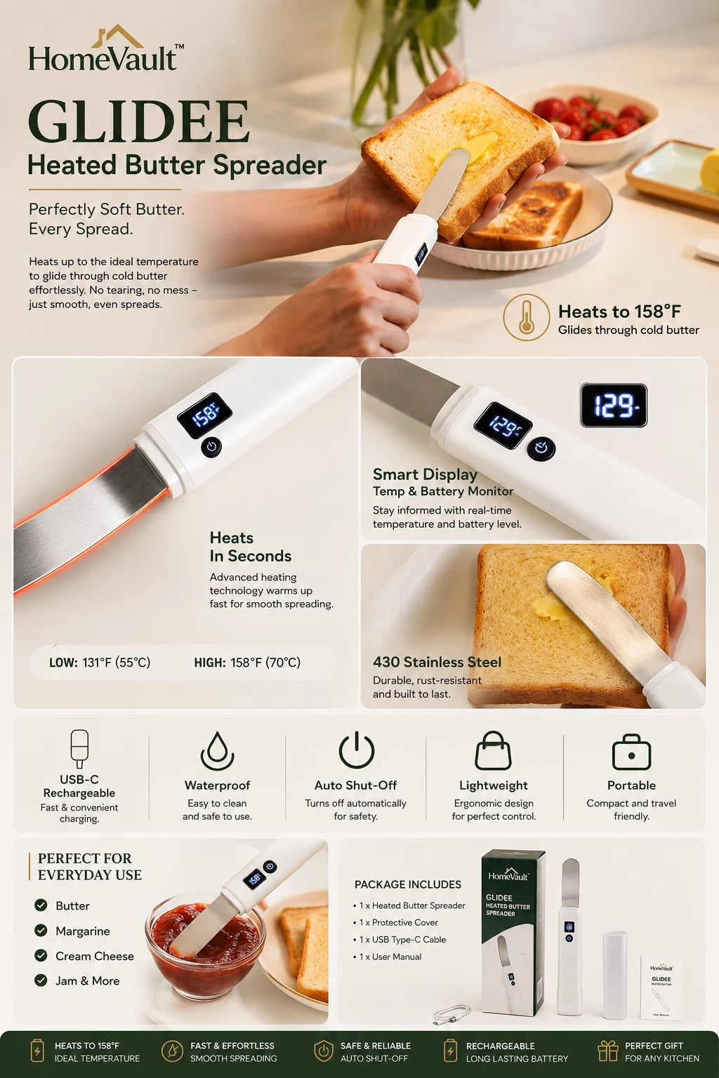 HomeVault Electric Heated Butter Spreader Knife | USB-C Rechargeable Smart Butter Knife