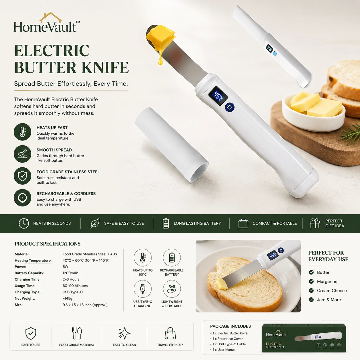 HomeVault Electric Heated Butter Spreader Knife | USB-C Rechargeable Smart Butter Knife