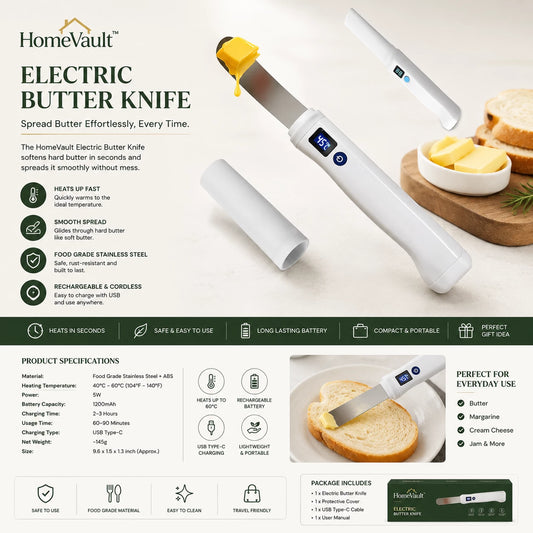 HomeVault Electric Heated Butter Spreader Knife | USB-C Rechargeable Smart Butter Knife