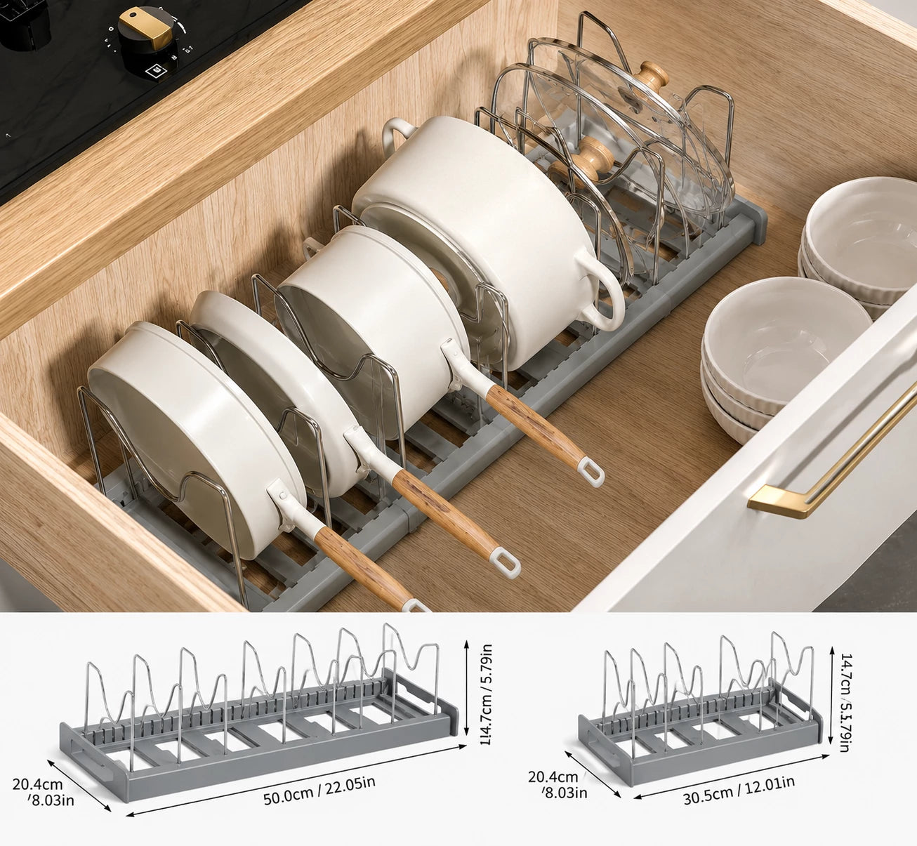 HomeVault Expandable Pot & Pan Organizer Rack | Adjustable Kitchen Cabinet Storage Holder