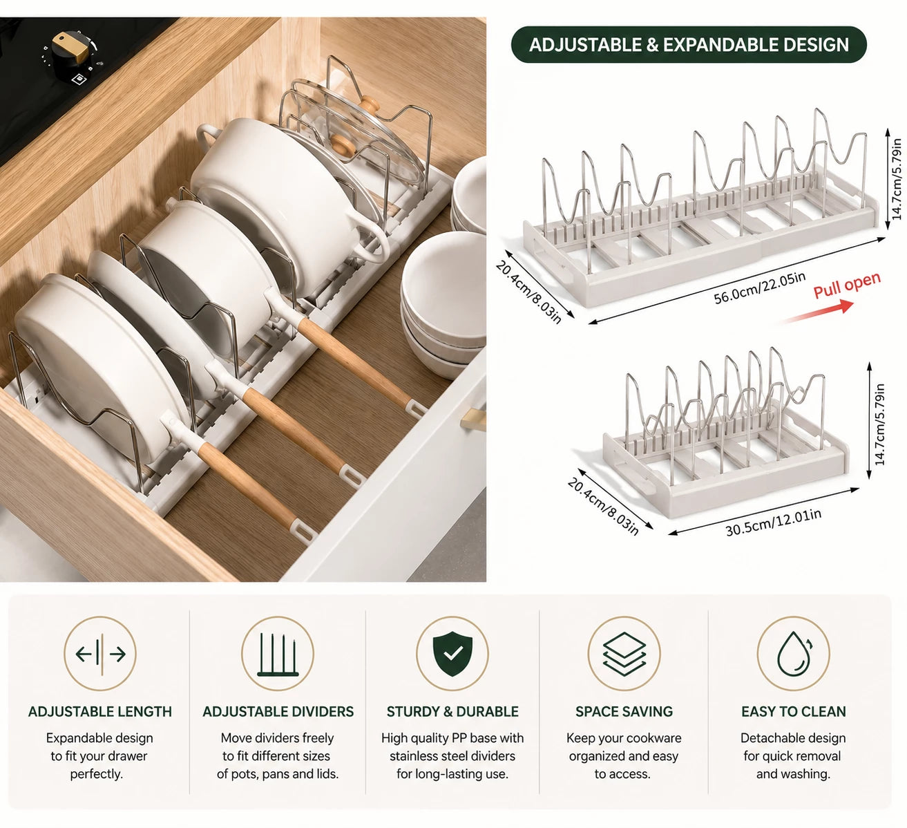 HomeVault Expandable Pot & Pan Organizer Rack | Adjustable Kitchen Cabinet Storage Holder