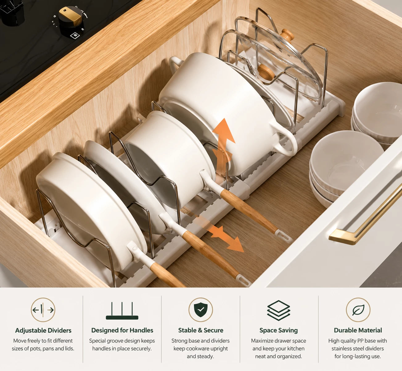 HomeVault Expandable Pot & Pan Organizer Rack | Adjustable Kitchen Cabinet Storage Holder
