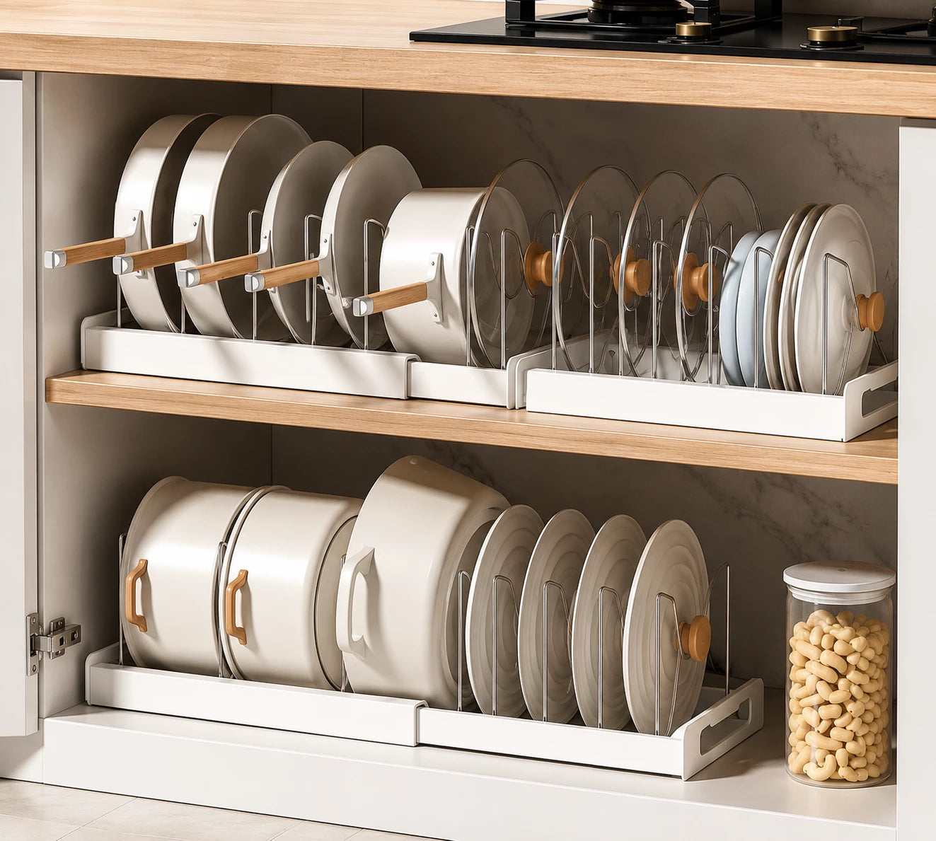 HomeVault Expandable Pot & Pan Organizer Rack | Adjustable Kitchen Cabinet Storage Holder